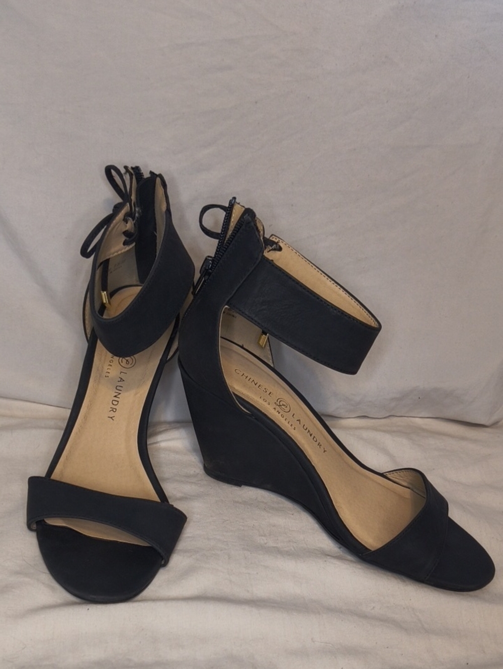 Chinese Laundry Black Ankle-Strap With Bow Wedge Sandals with Heel Zip Size 8 AE